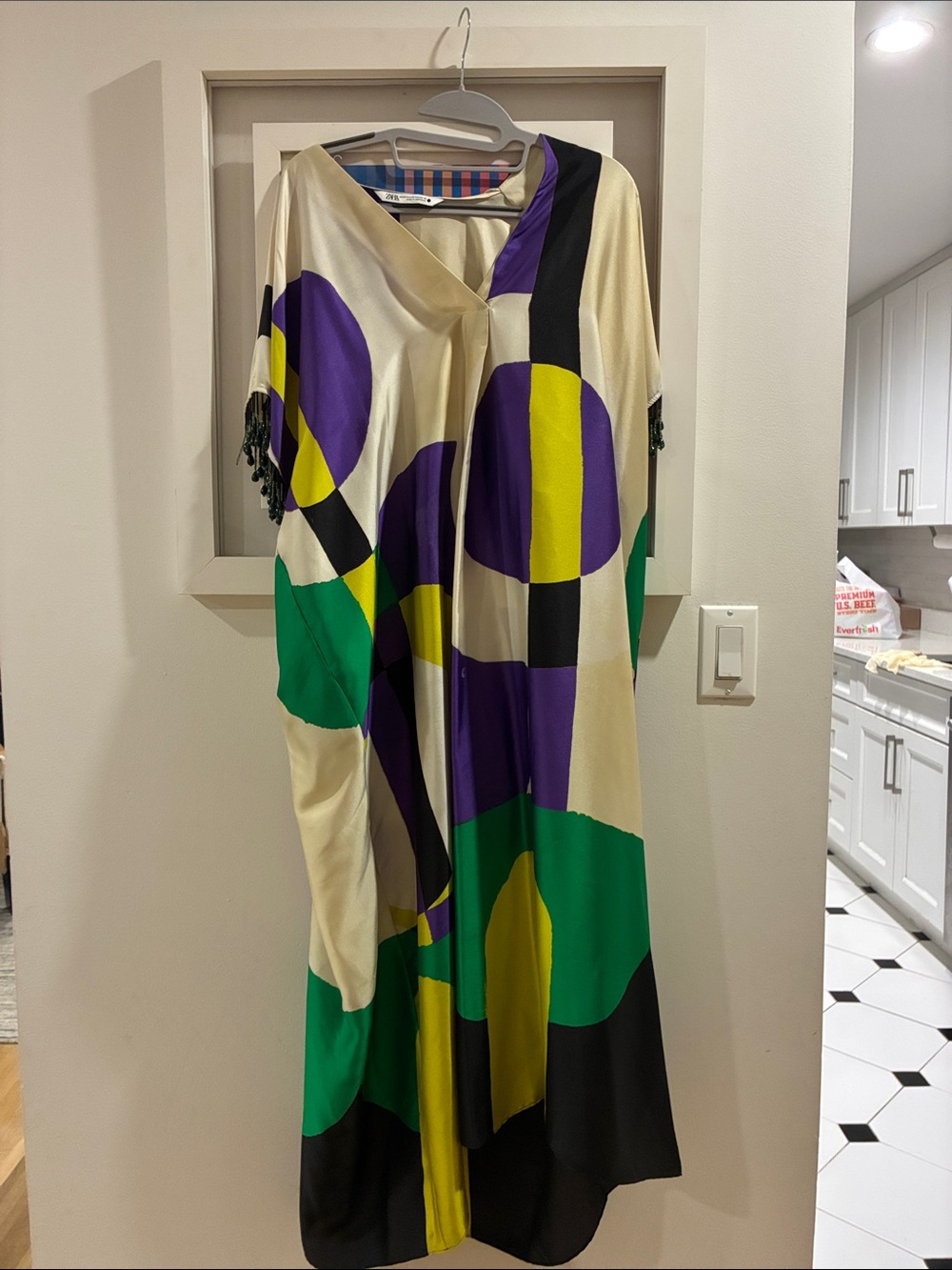 Zara Cream Maxi Dress with Purple, Green & Yellow Geometric Print